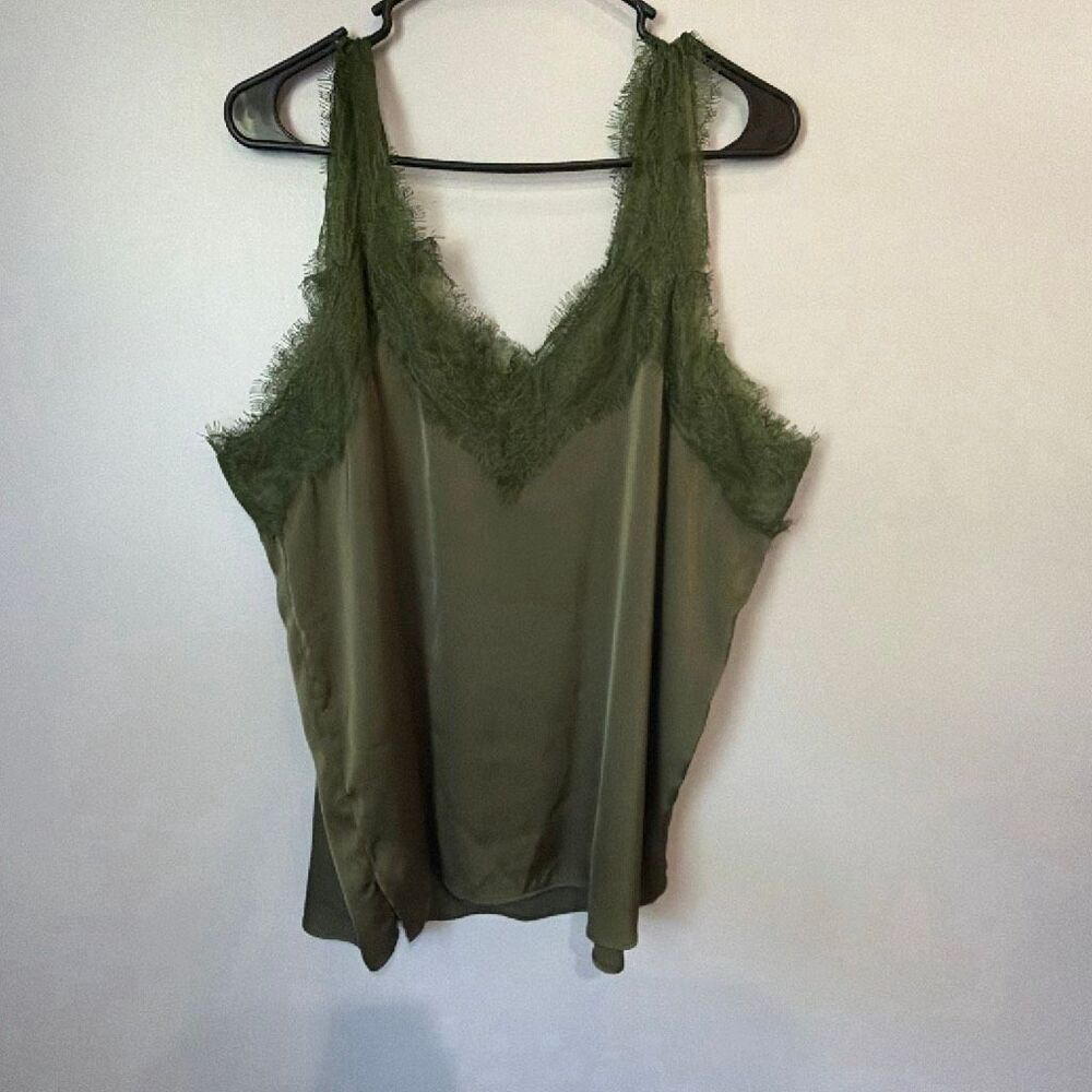 Bishop + Young Olive Green Satin Lace Trim V-Neck Camisole Tank Top 2X #1200